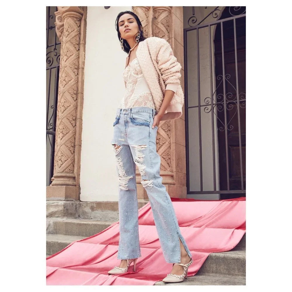 Pearl Beaded Jonathan Simkhai Light Blue Distressed Jeans